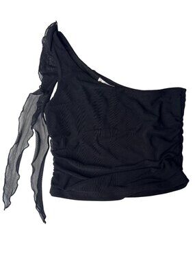 Charlotte Russe Black Mesh One-Shoulder Top With Ruched Sides & Tie Detail S